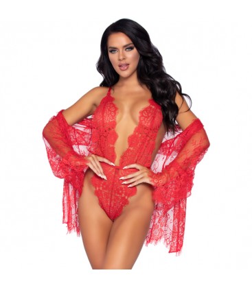 LEG AVENUE FLORAL LACE TEDDY ROBE NEGRO